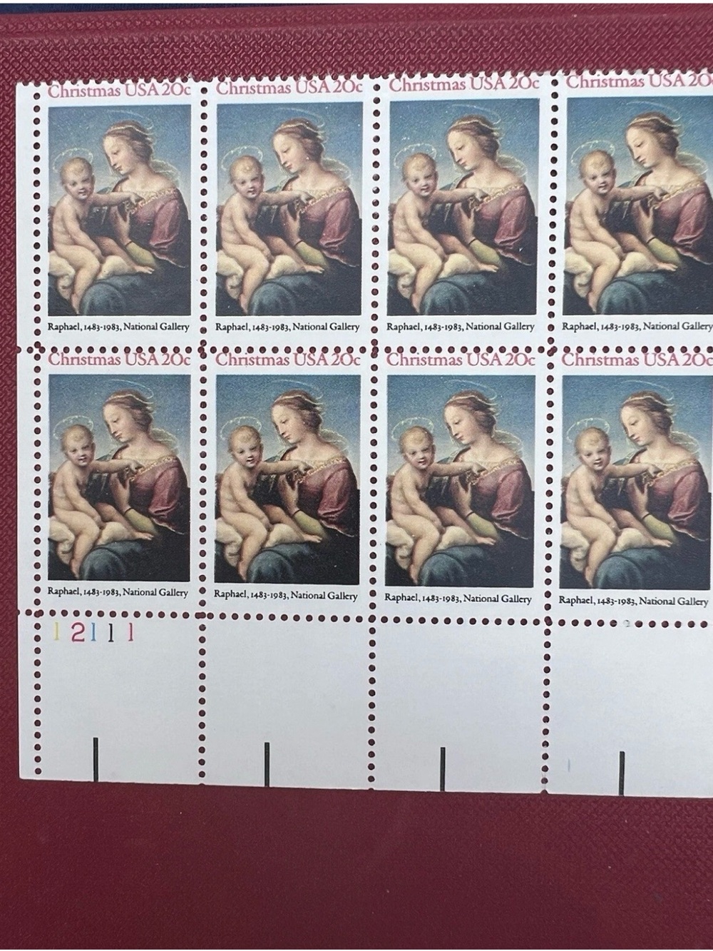 USA 20c Stamps Christmas Raphael Scott 1483 Plate Block of 8